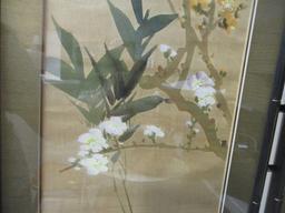 Two Signed Original Paintings of Chinese Birds in Flowering Bushes