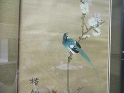 Two Signed Original Paintings of Chinese Birds in Flowering Bushes