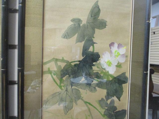 Two Signed Original Paintings of Chinese Birds in Flowering Bushes