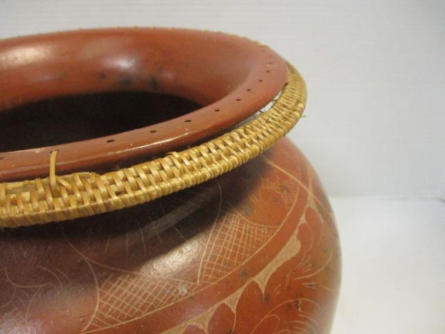 Terra Cotta Vase with Carved Designs and Woven Edge Accent