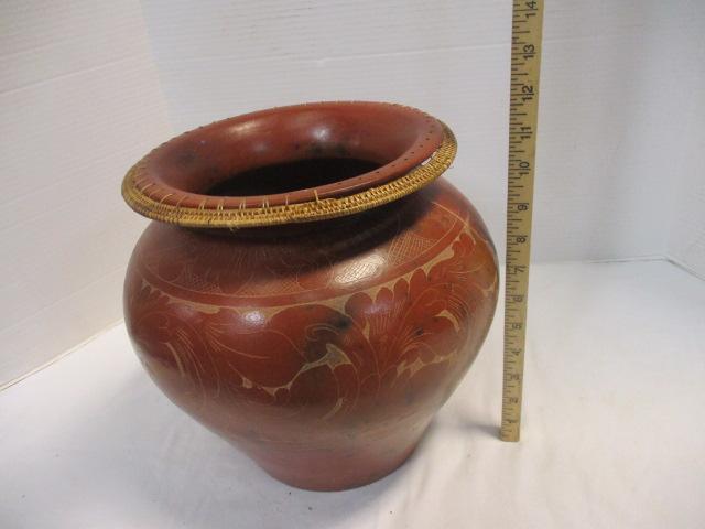 Terra Cotta Vase with Carved Designs and Woven Edge Accent