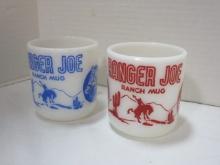 Two Vintage Hazel Atlas "Ranger Joe" Ranch Mug Milk Glass Mugs