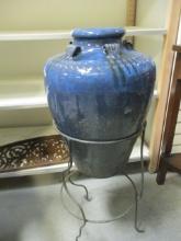 Large Blue/Green Drip Glazed Garden Urn in Metal Stand