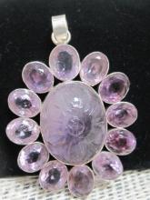 Sterling Silver Large Amethyst Pendant with Carved Flower Center