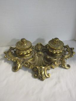 Vintage Brass Victorian Dual Inkwell Desk Set