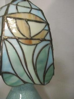 Caledon Green Crackle Glaze Lamp w/Stain Glass Shade