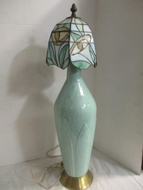 Caledon Green Crackle Glaze Lamp w/Stain Glass Shade