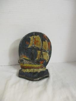 Cast Iron Antique Door Stop 6" 'Tall Ships Cross Sails'