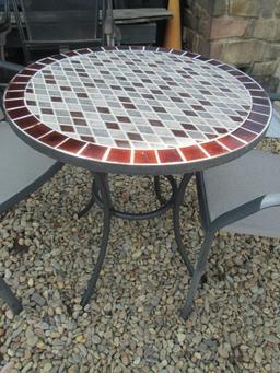 Round Tile Top Table and Pair of Aluminum Armchairs