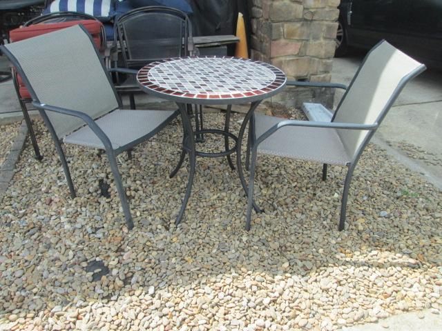 Round Tile Top Table and Pair of Aluminum Armchairs