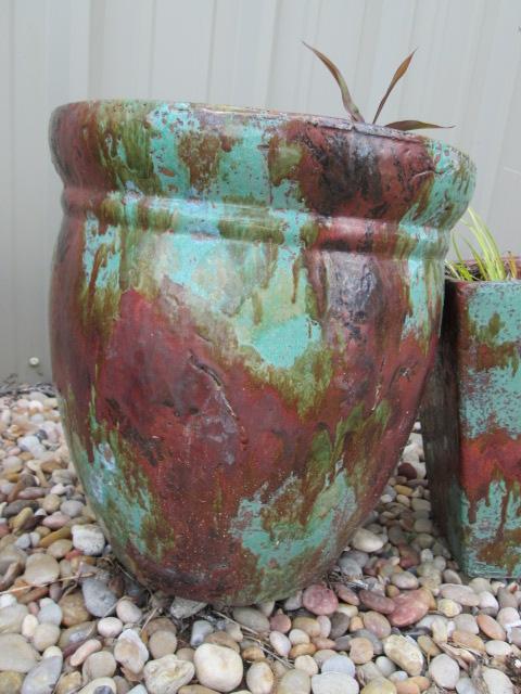 Three Patina Style Glazed Terra Cotta Planters