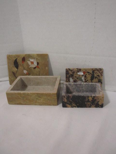 Two Stone Trinket Boxes with Floral Inlay Designs