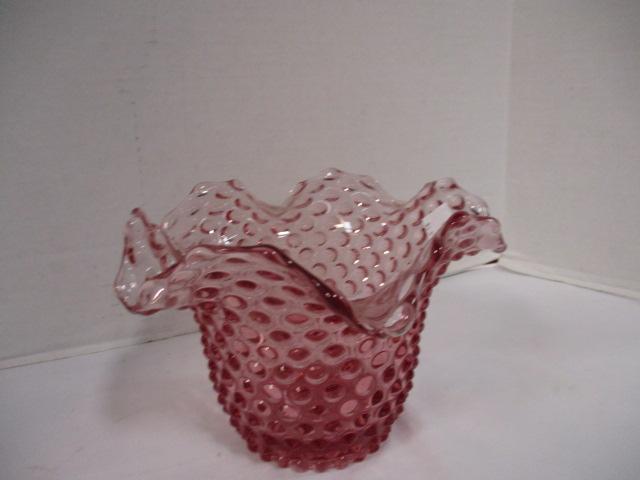 Duncan Handblown Cranberry Art Glass Ruffle Vase