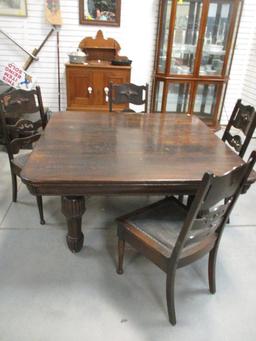 Antique Tiger Oak Table, Leaves, Chairs and Support