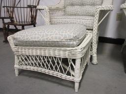 Vintage White Wicker Armchair with Ottoman