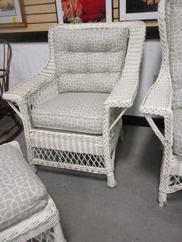 Vintage White Wicker Armchair with Ottoman