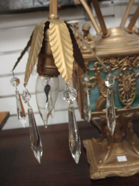Antique Art Deco 4 Arm Lamp with Prisms and Slag Glass