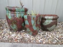 Three Patina Style Glazed Terra Cotta Planters