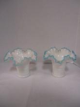 Pair of Blue Crested Art Glass Ruffle Vases