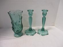 Fenton Green Vase (8"), 2 Green Candlesticks (8")