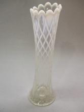 White "Diamond Lace" Opalescent Swung Stretch Glass Vase 11 1/2"