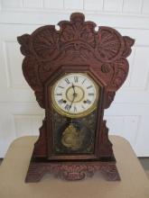 Antique Kitchen Mantle Clock w/Key 13"w X 22 1/2"h