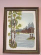 1979 Sarah Pritchett Signed Barn Pastoral Landscape Painting