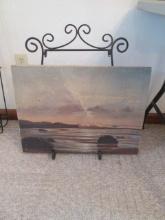 Vintage 1967 Signed Original Sea Scape and Wrought Iron Easel Stand