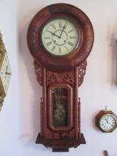 Large American Style Heavily Carved Wood Regulator Clock