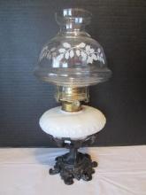 Milk Glass Font Oil Lamp in Cast Metal Stand with Holly Design Chimney
