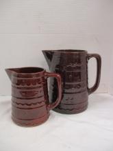 Two Midcentury Marcrest Daisy and Dot Brown Stoneware Pitchers