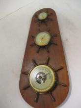West German Wood Barometer Weather Station with Ship's Wheel Dials