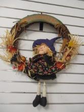 "Greetings" Grape Vine Wreath with Fabric Witch