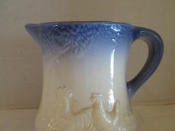 Blue and White Ironstone Glazed Chicken Relief Design Pitcher