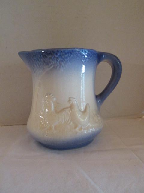 Blue and White Ironstone Glazed Chicken Relief Design Pitcher