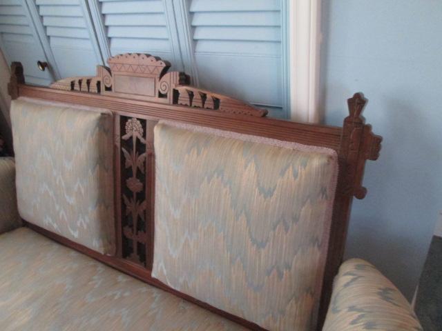 Vintage Eastlake Victorian Rolled Arm Settee with Burl Wood Accents