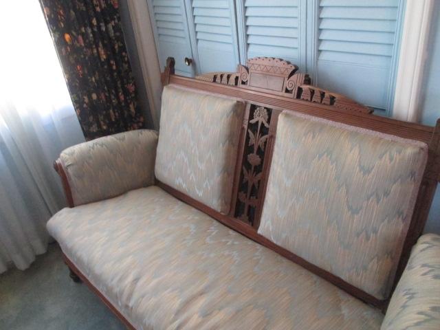 Vintage Eastlake Victorian Rolled Arm Settee with Burl Wood Accents