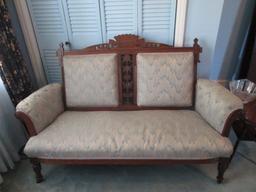 Vintage Eastlake Victorian Rolled Arm Settee with Burl Wood Accents