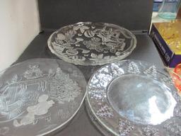 2 Christams Platters and EX Large Bowl. Heavy. Fireplace Scene, Christmas Trees, and Holly with O...