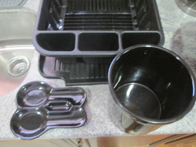 Black Ceramic Utensil Crock, Spoon Rest and Black Dish Drainer