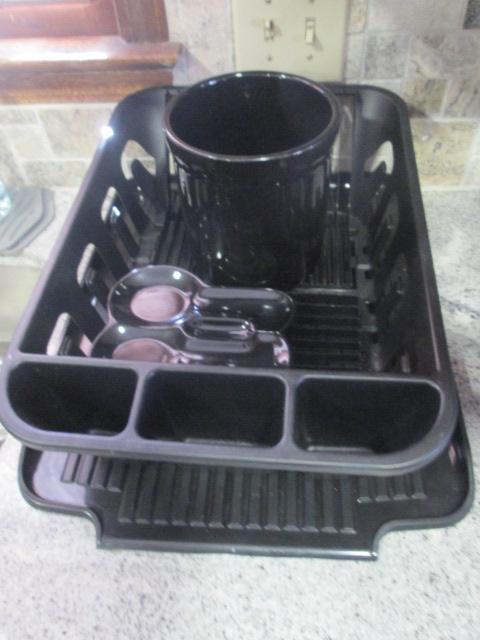 Black Ceramic Utensil Crock, Spoon Rest and Black Dish Drainer