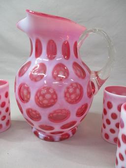 Fenton Cranberry Opalescent Coin Dot 9 1/2" Pitcher w/ Ice Lip & 5 Glasses 4"