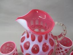 Fenton Cranberry Opalescent Coin Dot 9 1/2" Pitcher w/ Ice Lip & 5 Glasses 4"