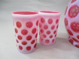 Fenton Cranberry Opalescent Coin Dot 9 1/2" Pitcher w/ Ice Lip & 5 Glasses 4"