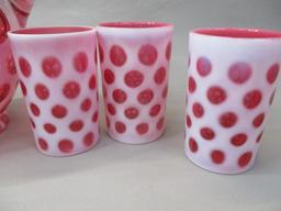 Fenton Cranberry Opalescent Coin Dot 9 1/2" Pitcher w/ Ice Lip & 5 Glasses 4"