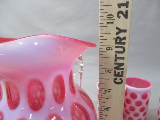 Fenton Cranberry Opalescent Coin Dot 9 1/2" Pitcher w/ Ice Lip & 5 Glasses 4"