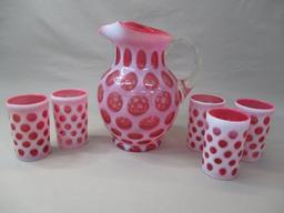 Fenton Cranberry Opalescent Coin Dot 9 1/2" Pitcher w/ Ice Lip & 5 Glasses 4"