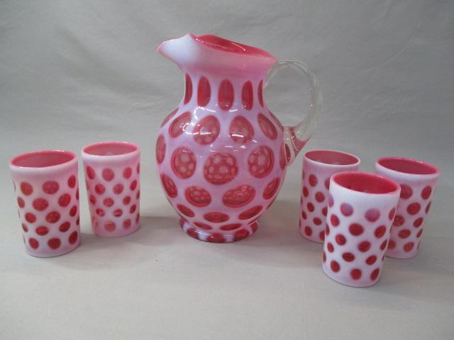 Fenton Cranberry Opalescent Coin Dot 9 1/2" Pitcher w/ Ice Lip & 5 Glasses 4"