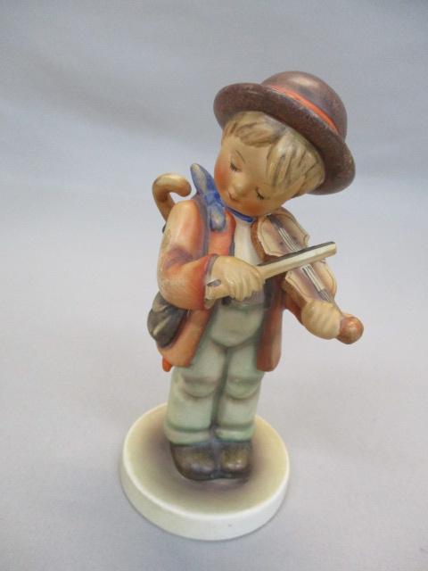 3 Goebel Hummel Figurines "Little Fiddler"  6" - "Happy Traveler"  5" - "Sensitive Hunter " 5"  Has