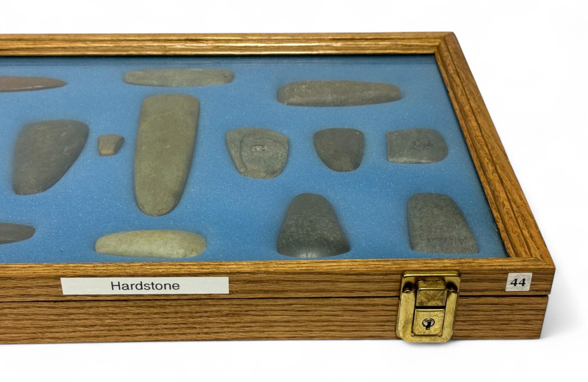 14pc. Curated Ancient Native American Hardstone Artifacts Cased Display